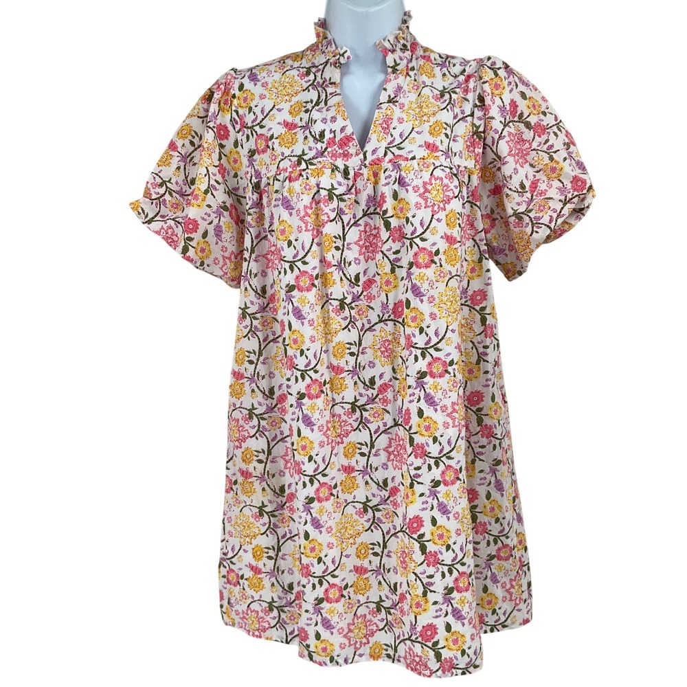 THML Mini Dress Women XS White Floral Boho Ruffle Neck Short Sleeve Cottagecore